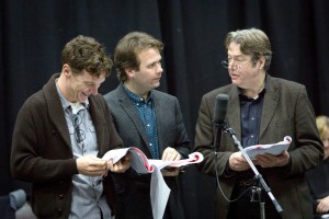 Benedict Cumberbatch, John Finnemore and Roger Allam recording Cabin Pressure © BBC - Photographer: Claire Haigh