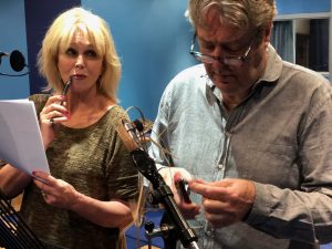 Joanna and Roger recording Conversations from a Long. Marriage in 2019
